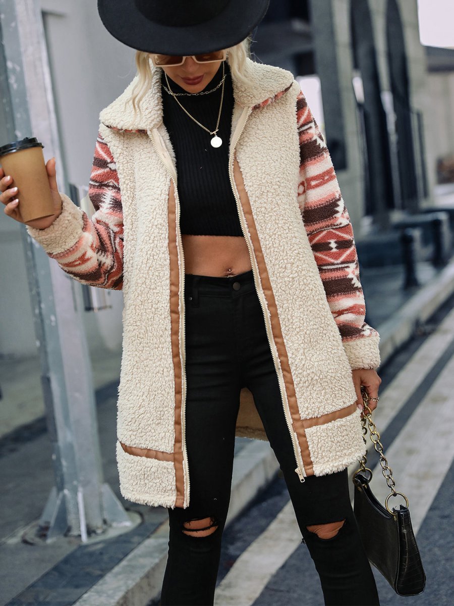 Geometric Zip - Up Collared Sherpa Jacket - Outerwear