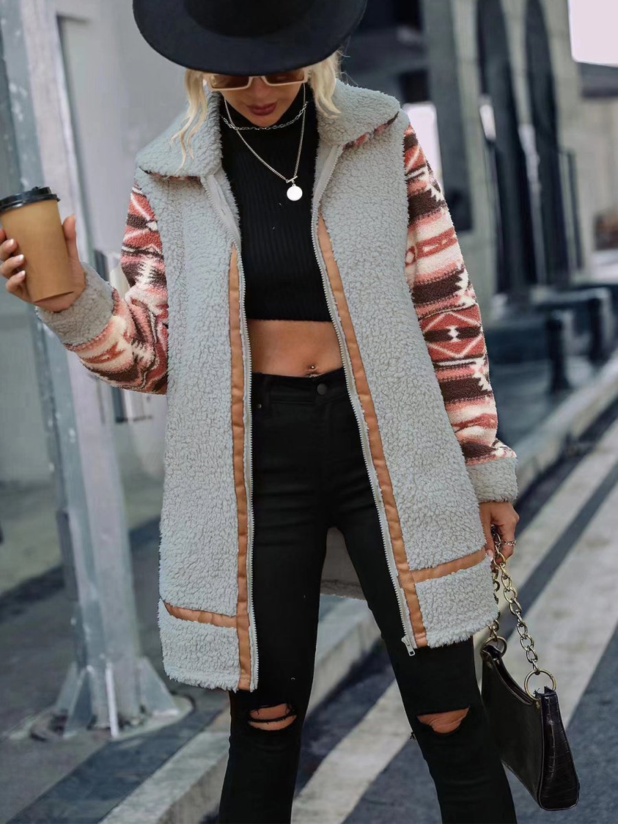 Geometric Zip - Up Collared Sherpa Jacket - Outerwear