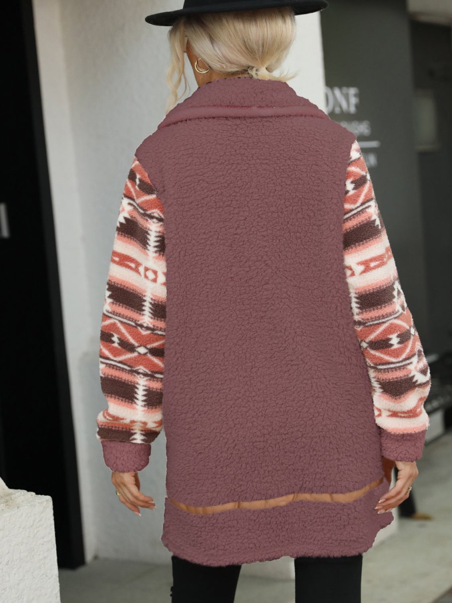 Geometric Zip - Up Collared Sherpa Jacket - Outerwear