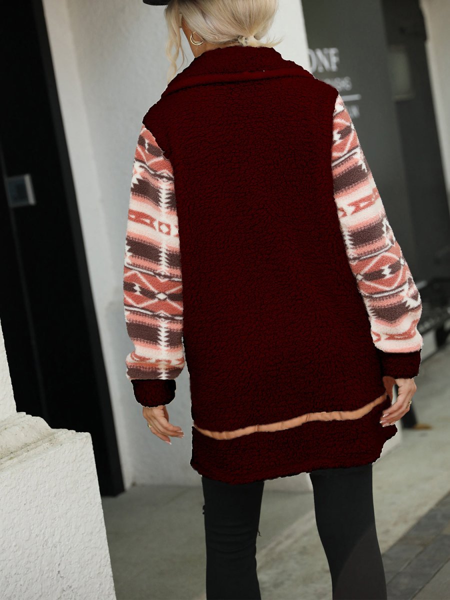 Geometric Zip - Up Collared Sherpa Jacket - Outerwear