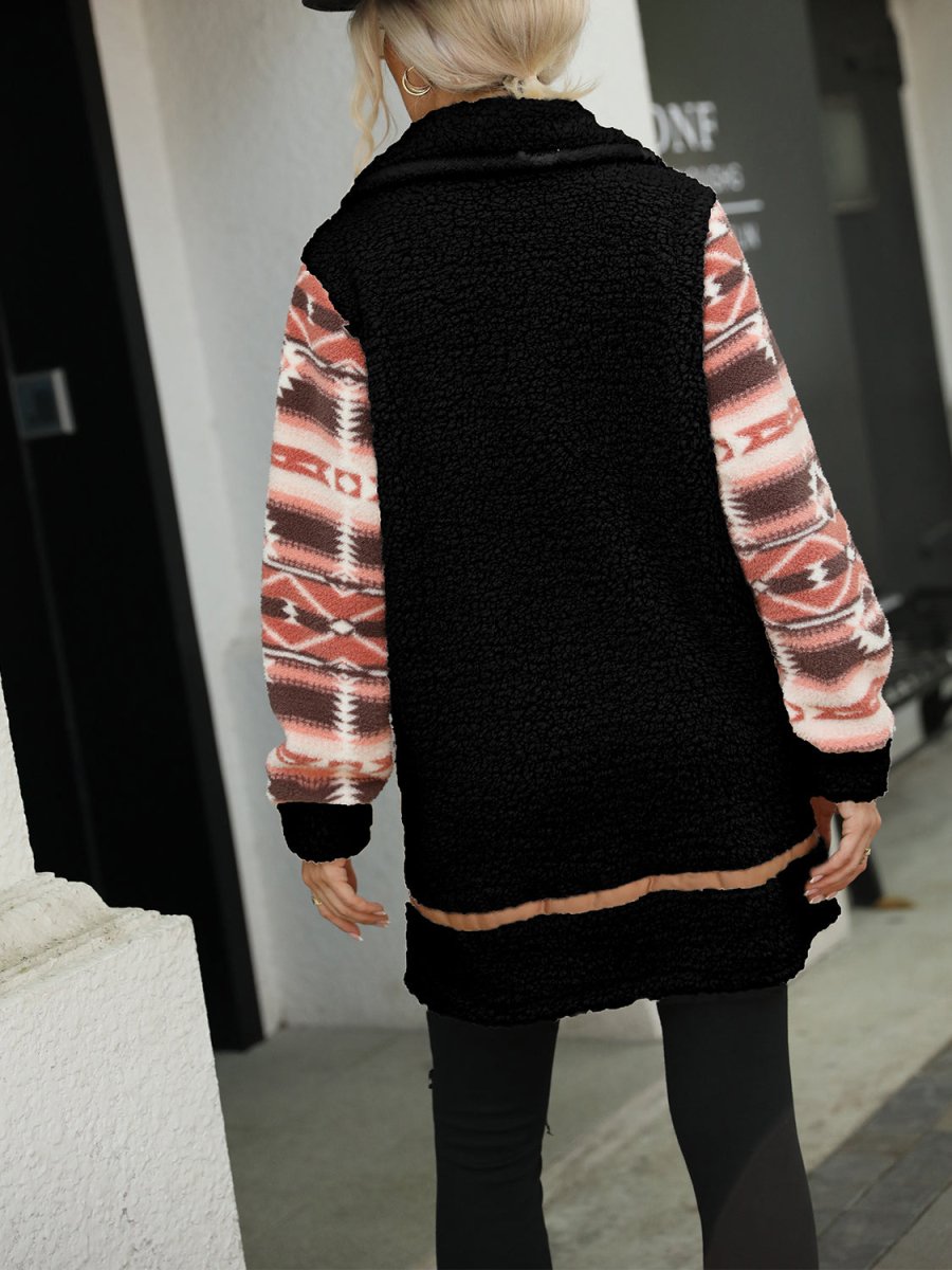 Geometric Zip - Up Collared Sherpa Jacket - Outerwear