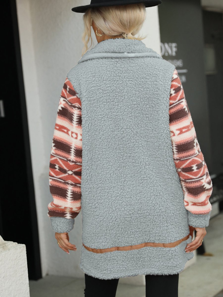Geometric Zip - Up Collared Sherpa Jacket - Outerwear