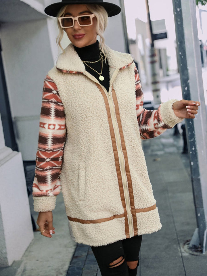 Geometric Zip - Up Collared Sherpa Jacket - Outerwear
