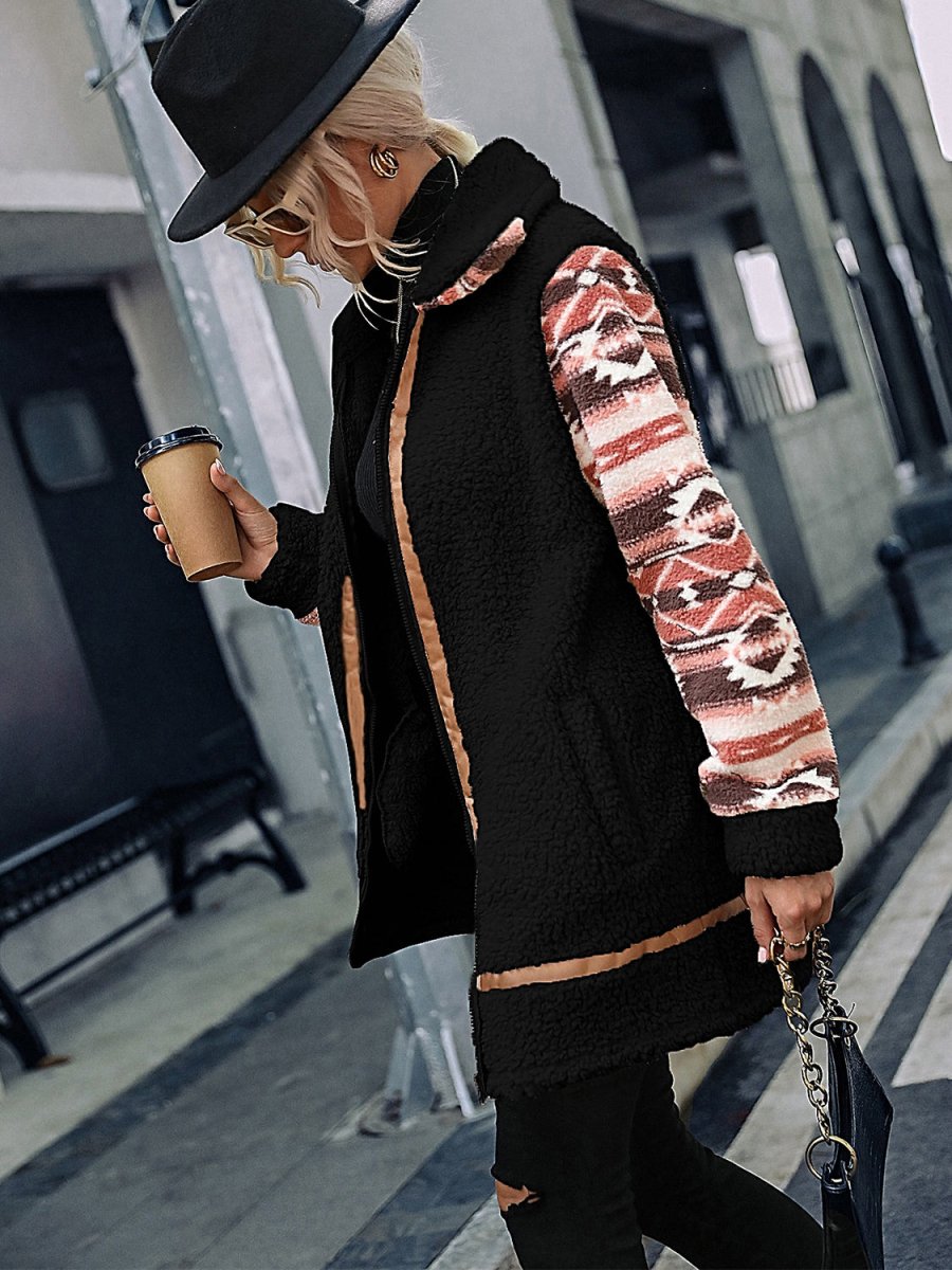 Geometric Zip - Up Collared Sherpa Jacket - Outerwear