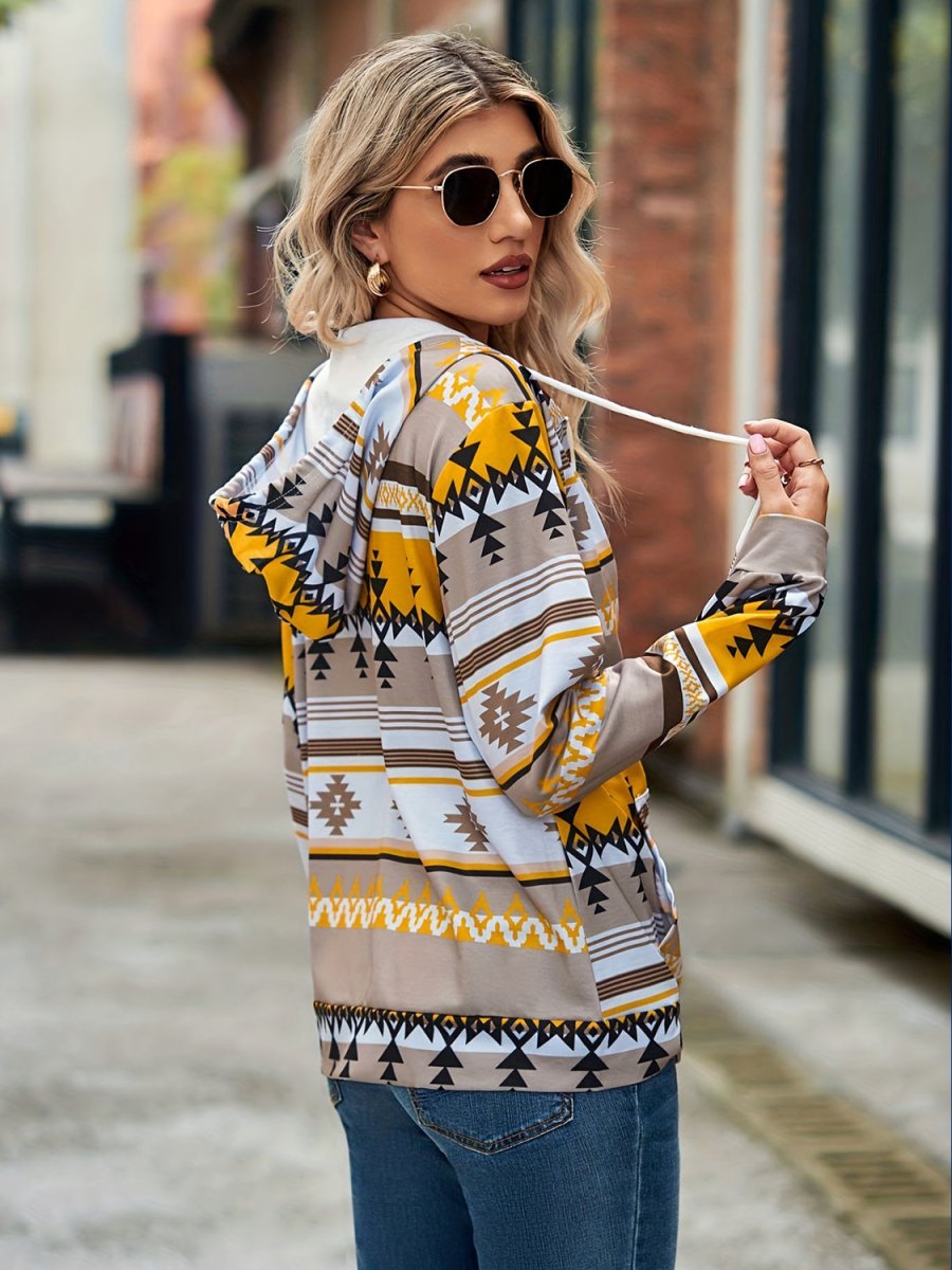 Geometric Zip Up Long Sleeve Hooded Jacket - Outerwear