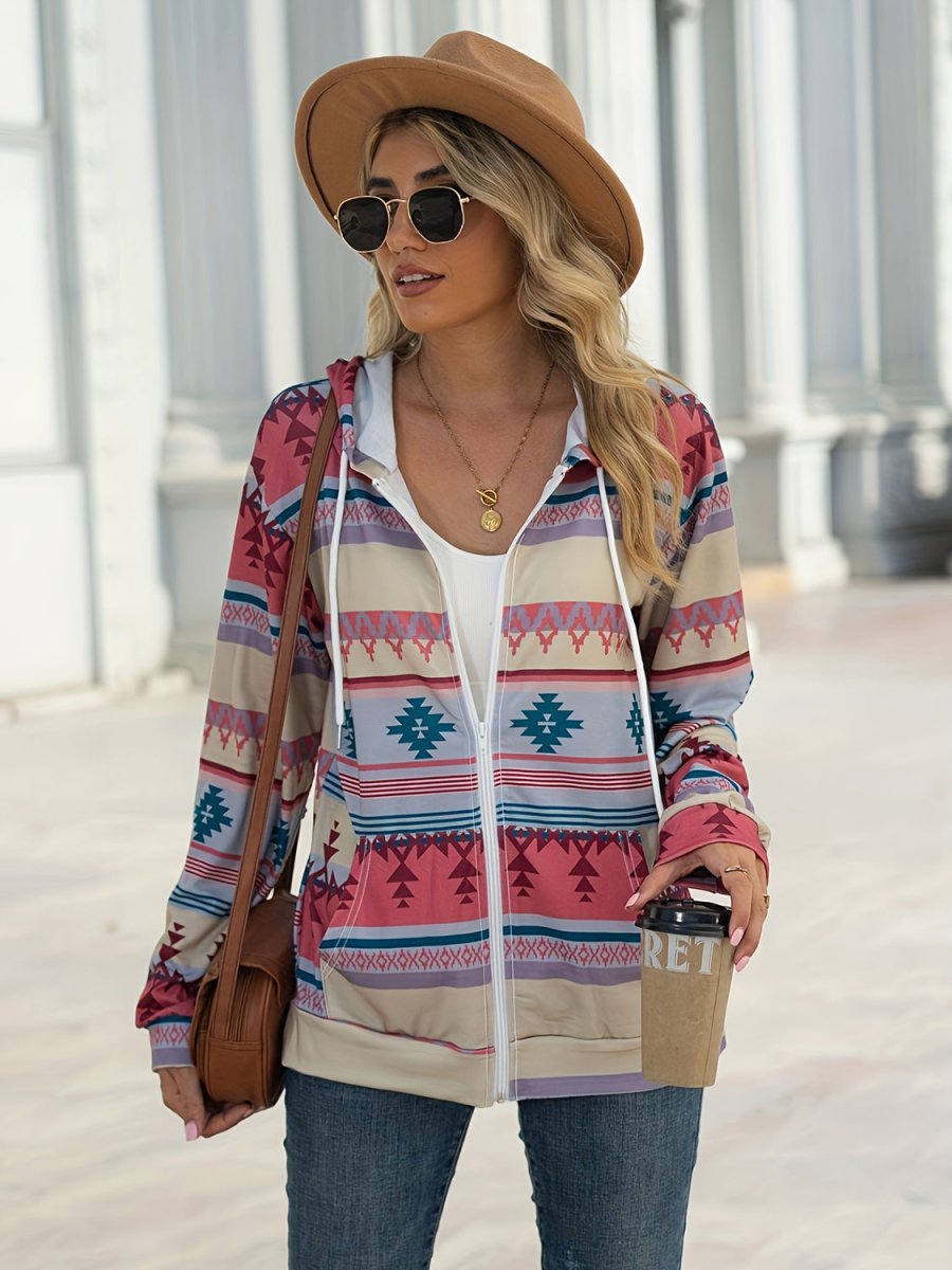 Geometric Zip Up Long Sleeve Hooded Jacket - Outerwear