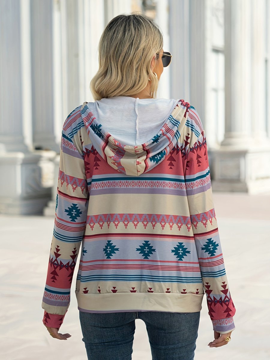 Geometric Zip Up Long Sleeve Hooded Jacket - Outerwear