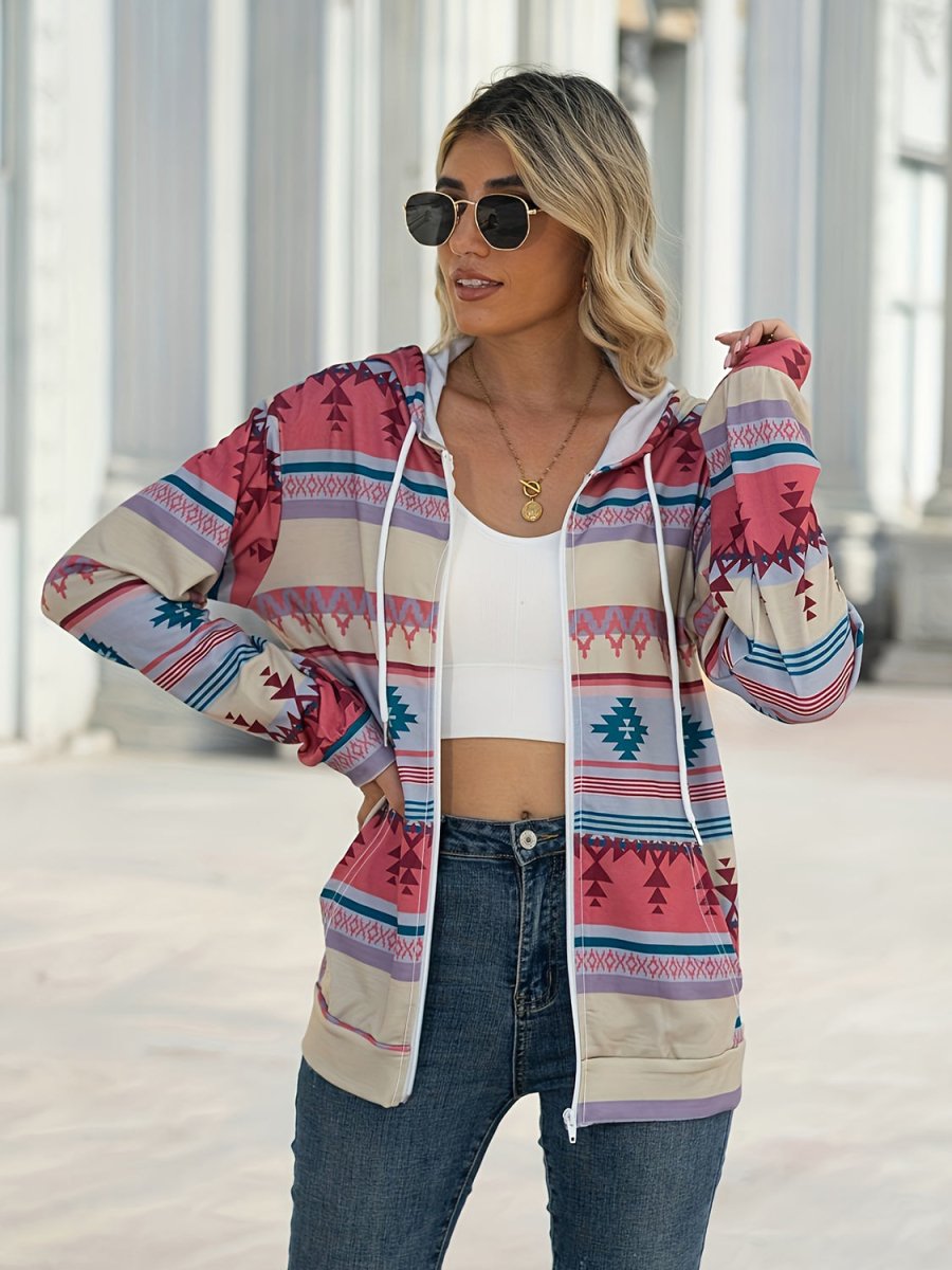 Geometric Zip Up Long Sleeve Hooded Jacket - Outerwear
