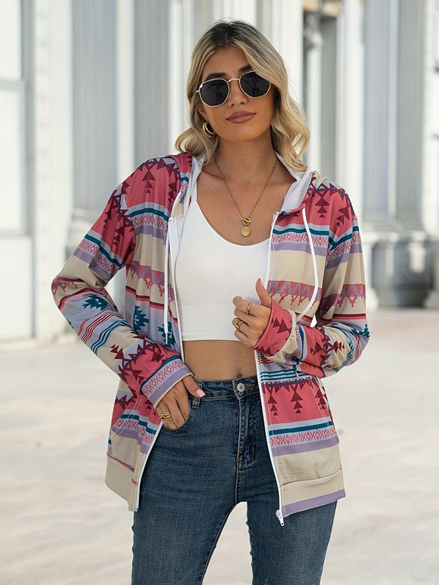 Geometric Zip Up Long Sleeve Hooded Jacket - Outerwear