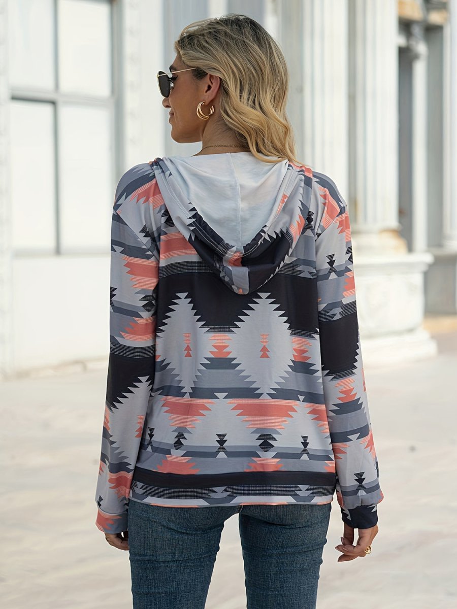 Geometric Zip Up Long Sleeve Hooded Jacket - Outerwear