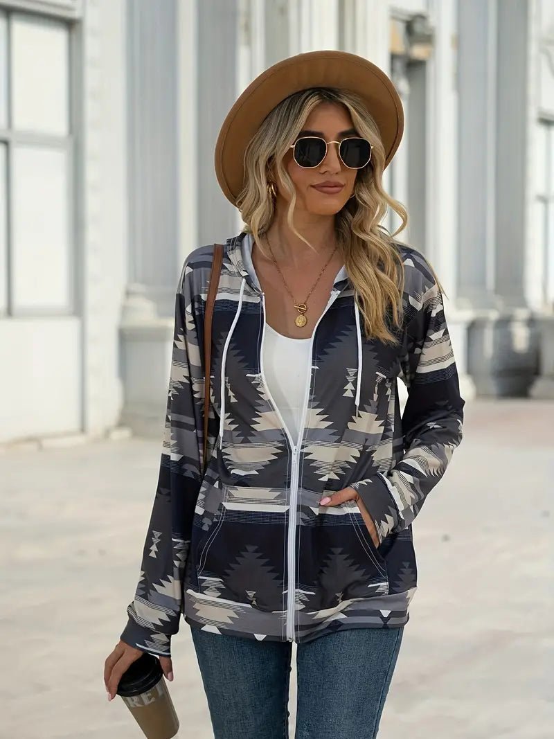 Geometric Zip Up Long Sleeve Hooded Jacket - Outerwear