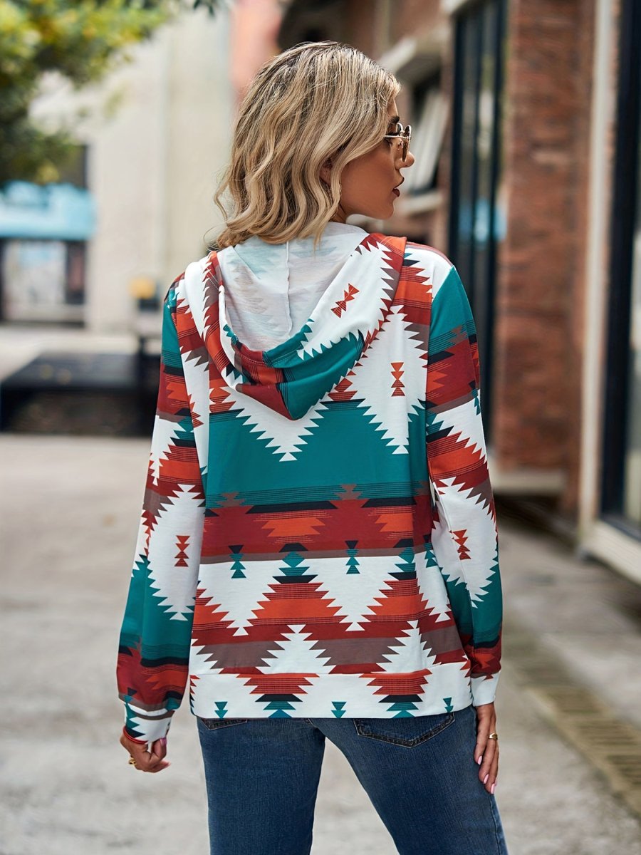 Geometric Zip Up Long Sleeve Hooded Jacket - Outerwear