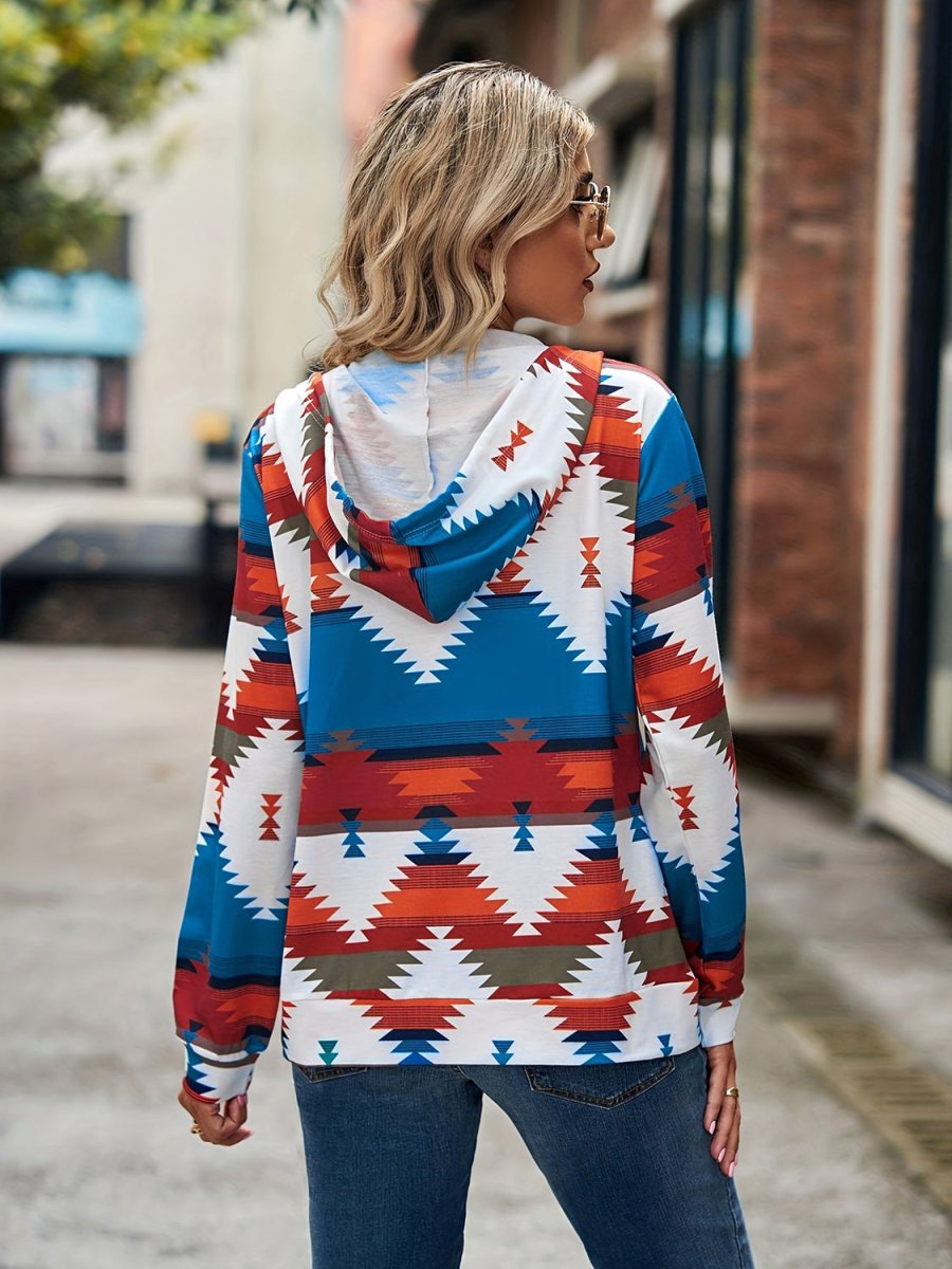 Geometric Zip Up Long Sleeve Hooded Jacket - Outerwear