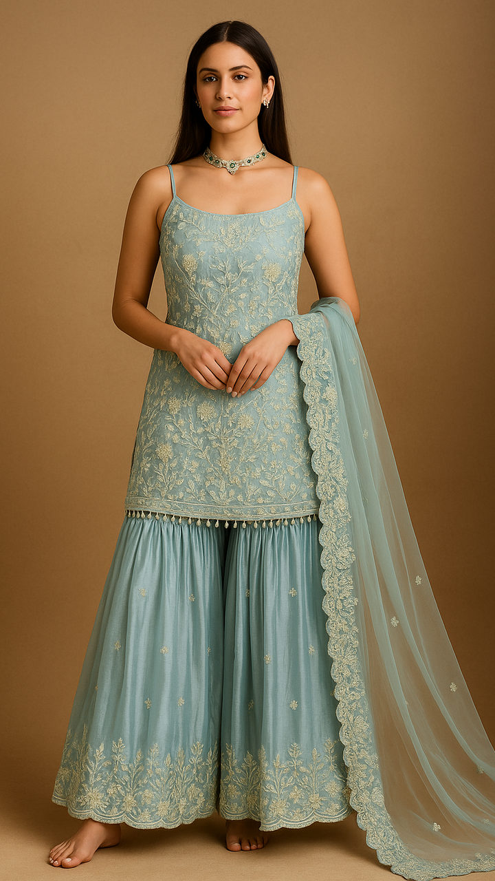 light blue embroidered traditional outfit with a matching dupatta 