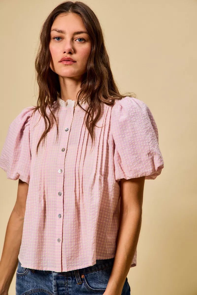 Gingham Lace Trim Button Blouse - 