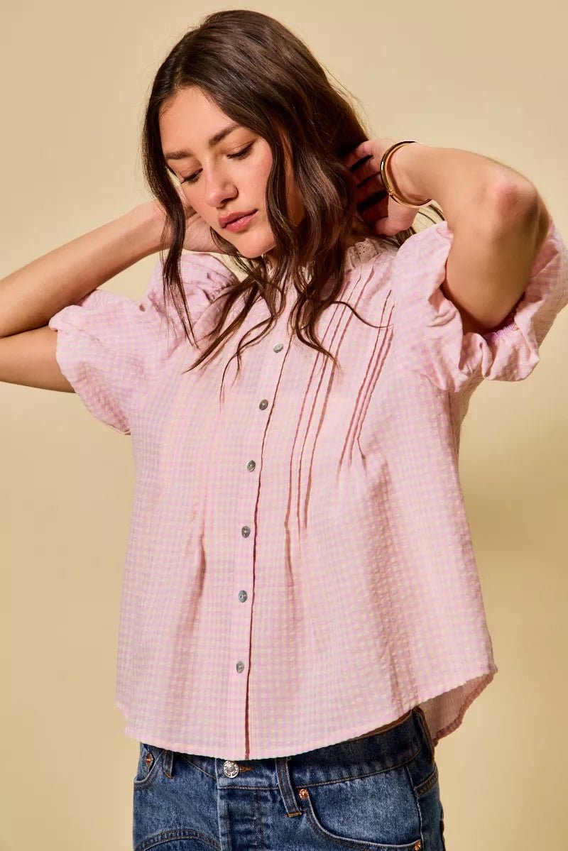 Gingham Lace Trim Button Blouse - 