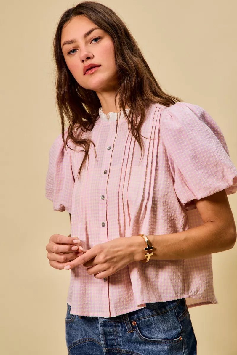 Gingham Lace Trim Button Blouse - 