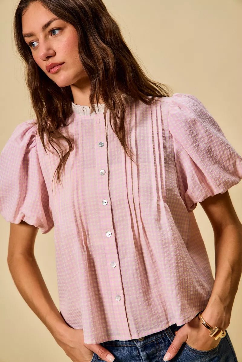 Gingham Lace Trim Button Blouse - 