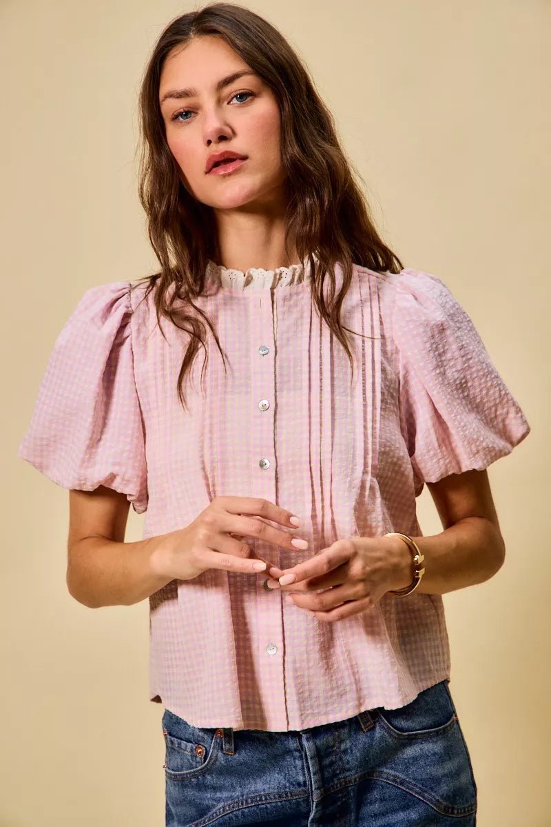 Gingham Lace Trim Button Blouse - 