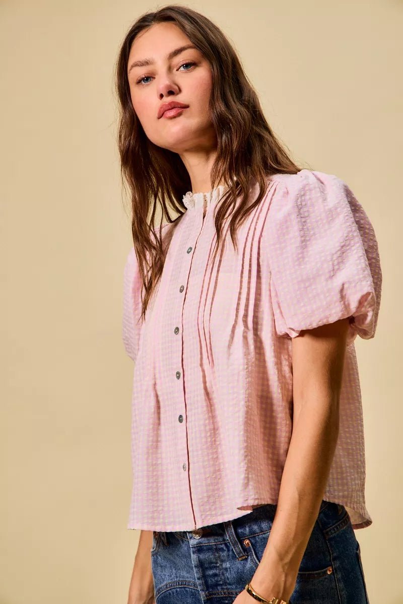 Gingham Lace Trim Button Blouse - 