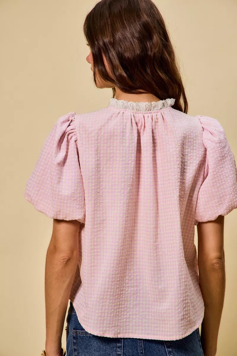 Gingham Lace Trim Button Blouse - 