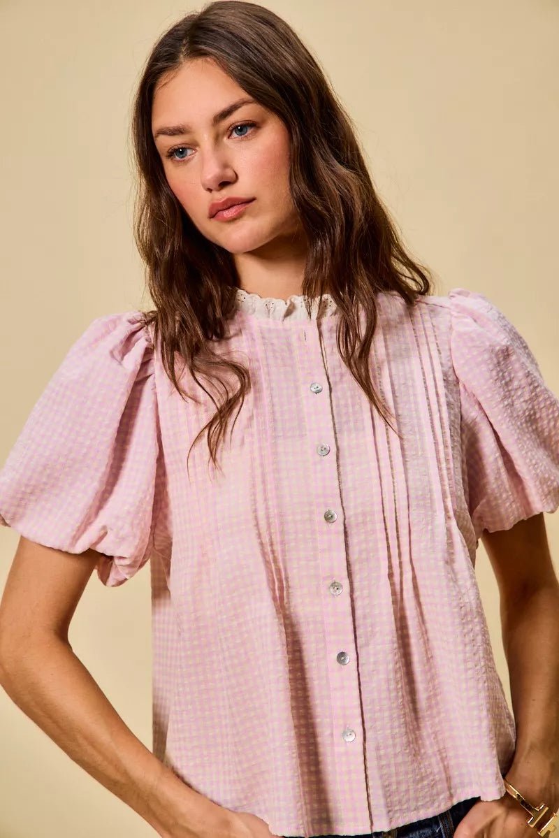 Gingham Lace Trim Button Blouse - 