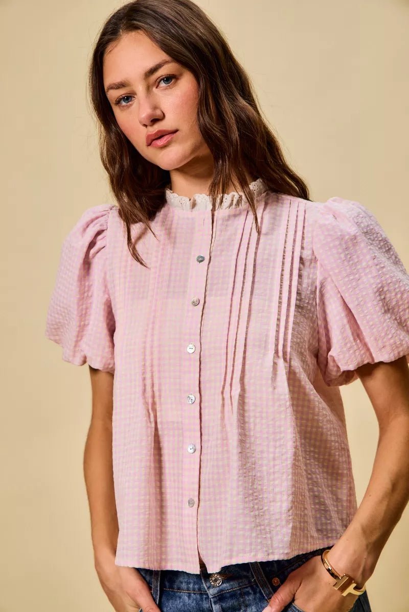 Gingham Lace Trim Button Blouse - 