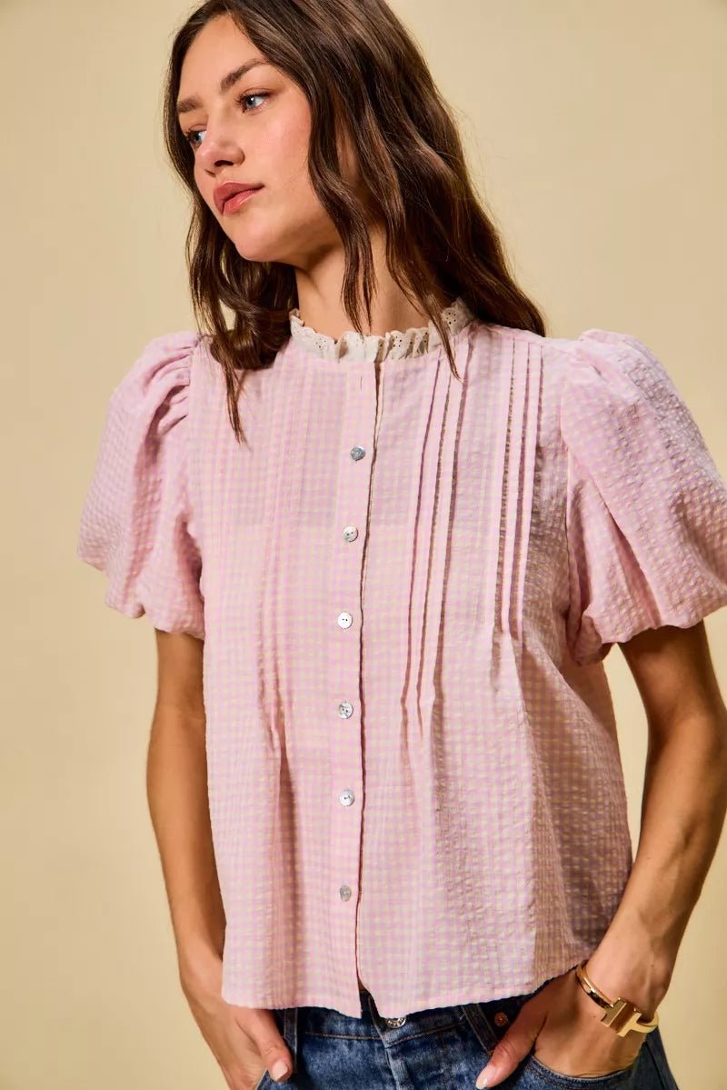 Gingham Lace Trim Button Blouse - 