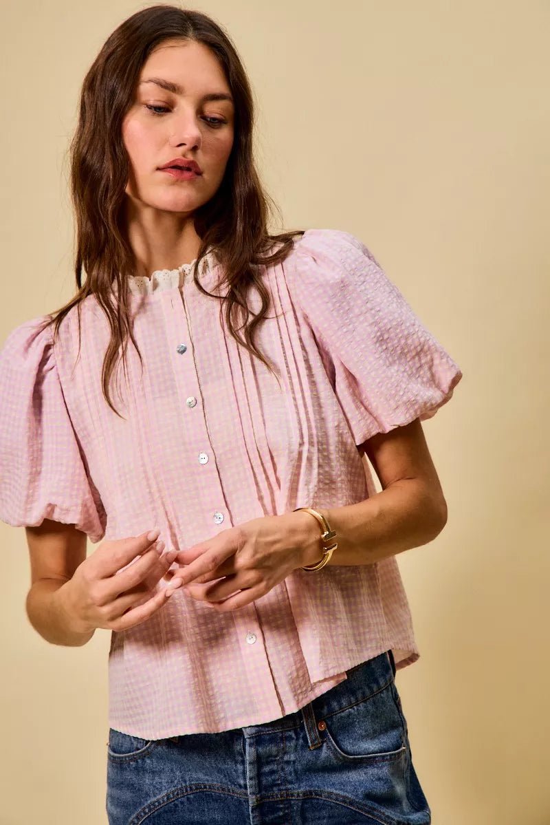 Gingham Lace Trim Button Blouse - 