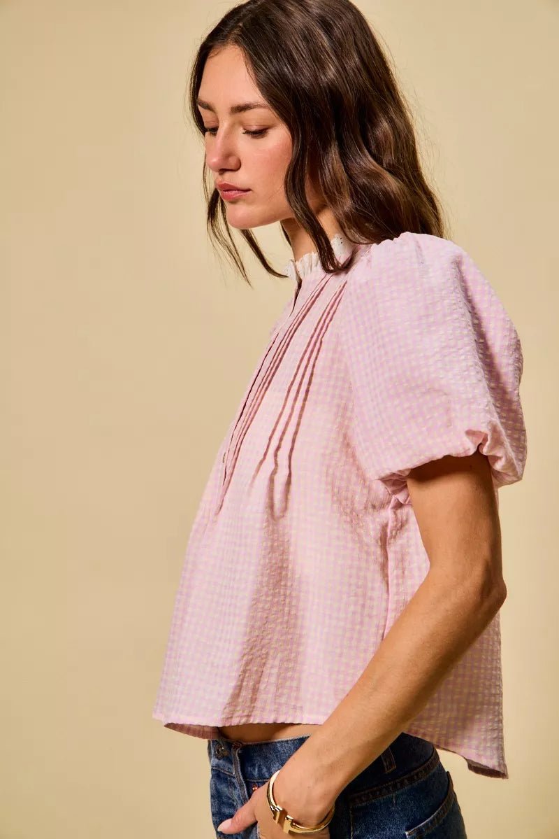 Gingham Lace Trim Button Blouse - 