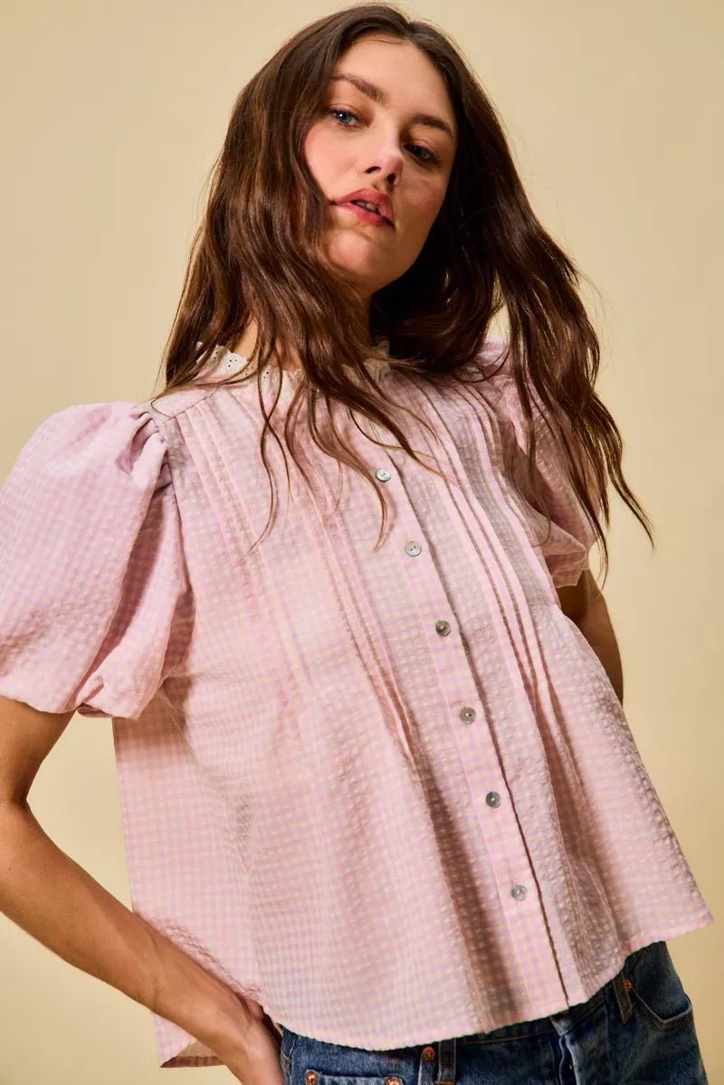 Gingham Lace Trim Button Blouse - 