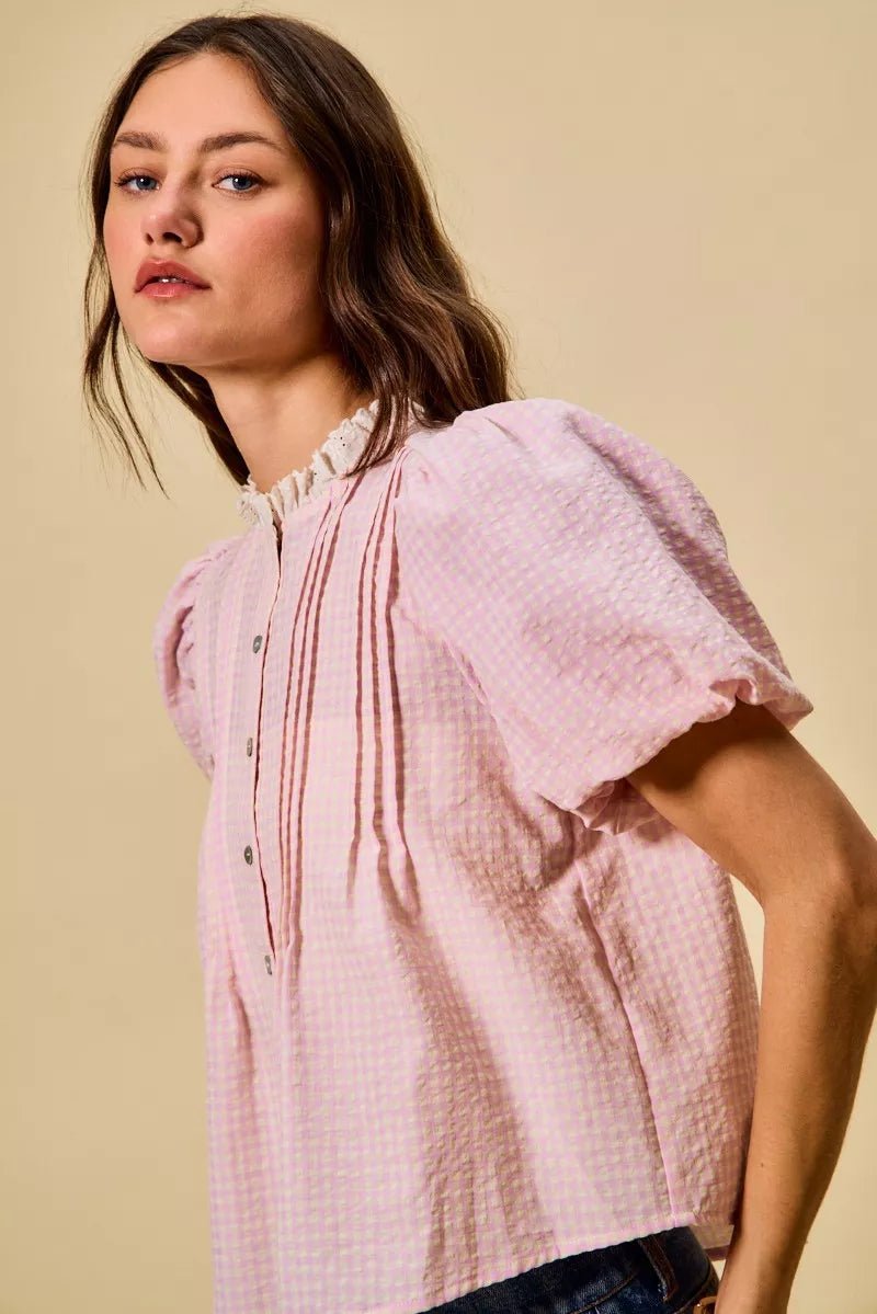 Gingham Lace Trim Button Blouse - 