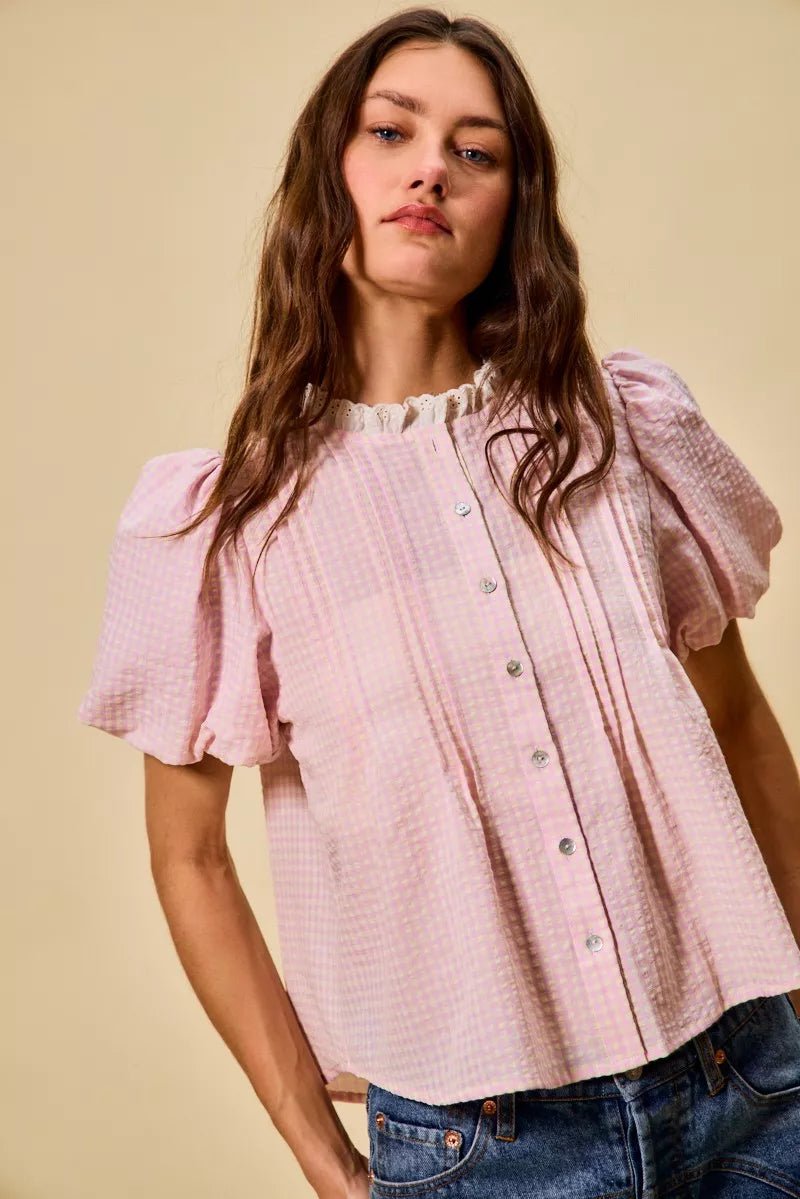 Gingham Lace Trim Button Blouse - 