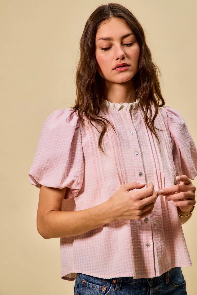 Gingham Lace Trim Button Blouse - 