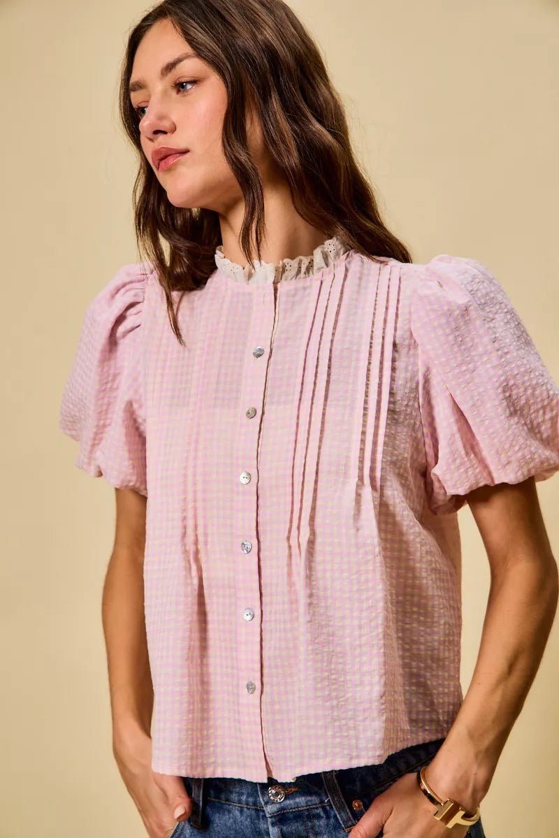 Gingham Lace Trim Button Blouse - 