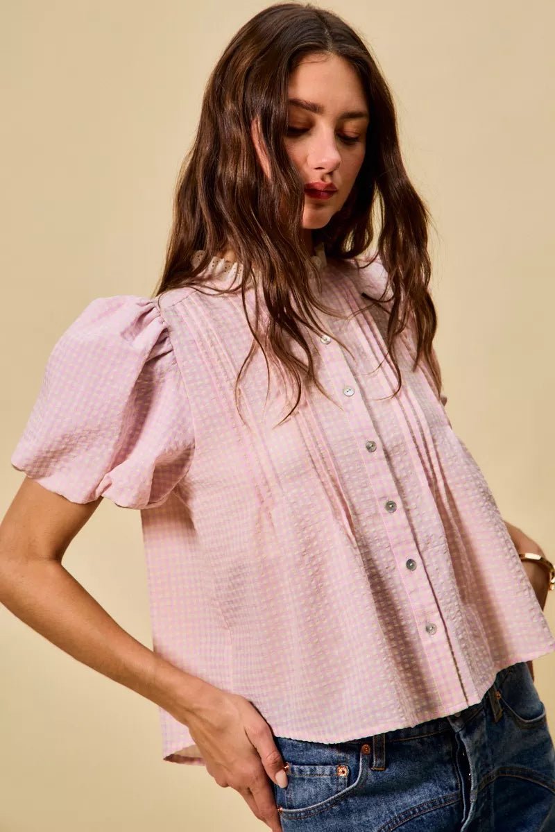 Gingham Lace Trim Button Blouse - 