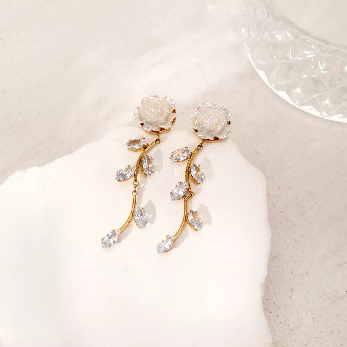 Gold Flower Drop Earrings with Rhinestones - 