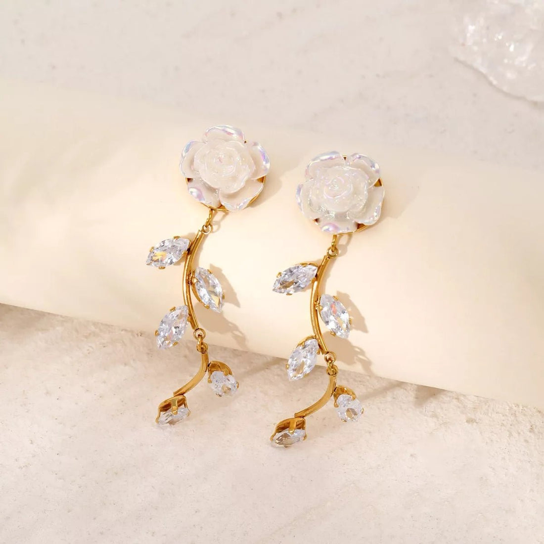 Gold Flower Drop Earrings with Rhinestones - 