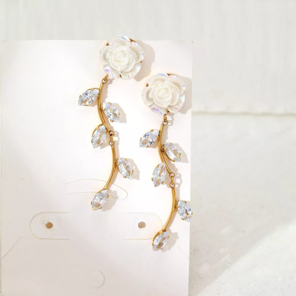 Gold Flower Drop Earrings with Rhinestones - 