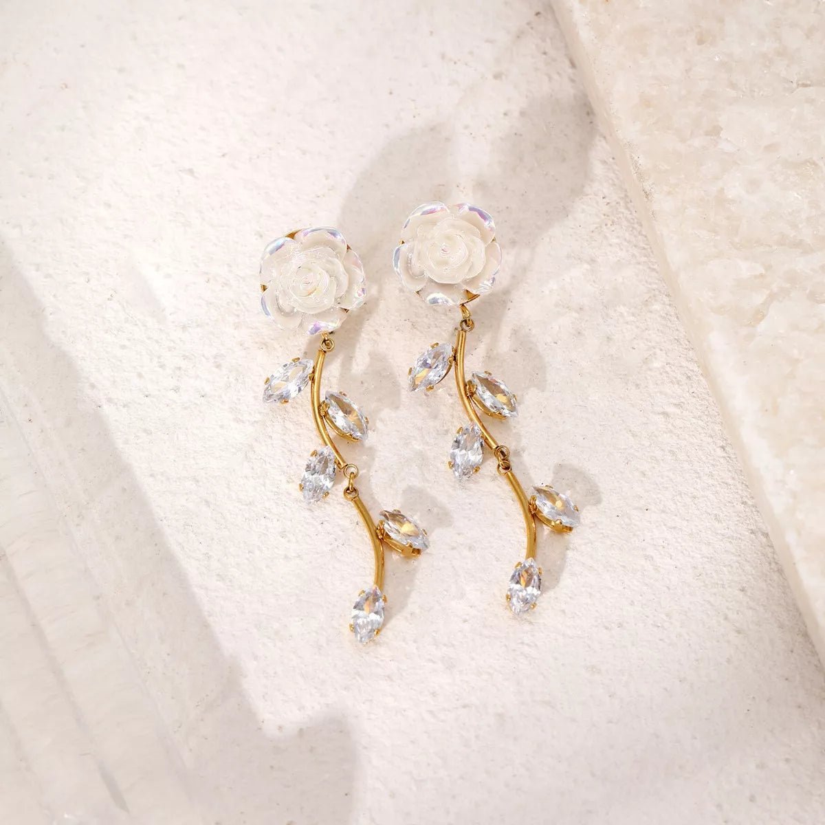 Gold Flower Drop Earrings with Rhinestones - 