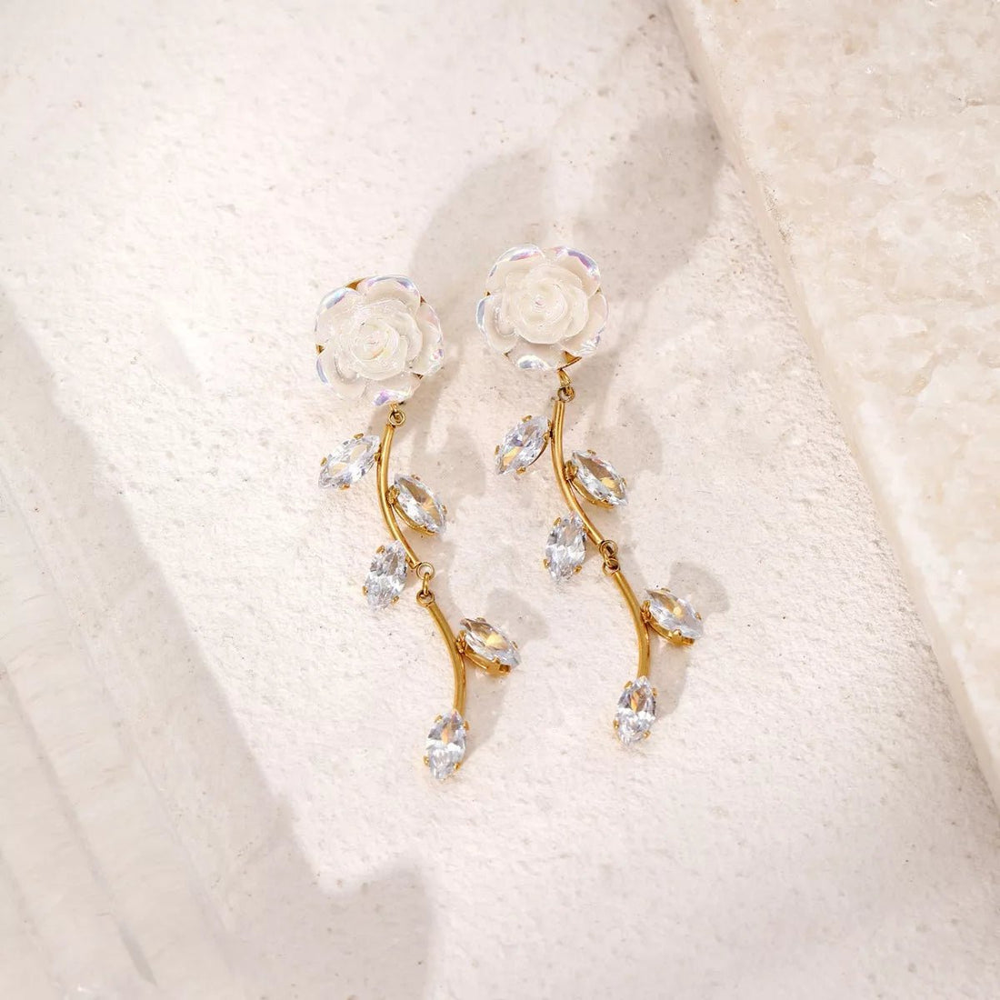Gold Flower Drop Earrings with Rhinestones - 