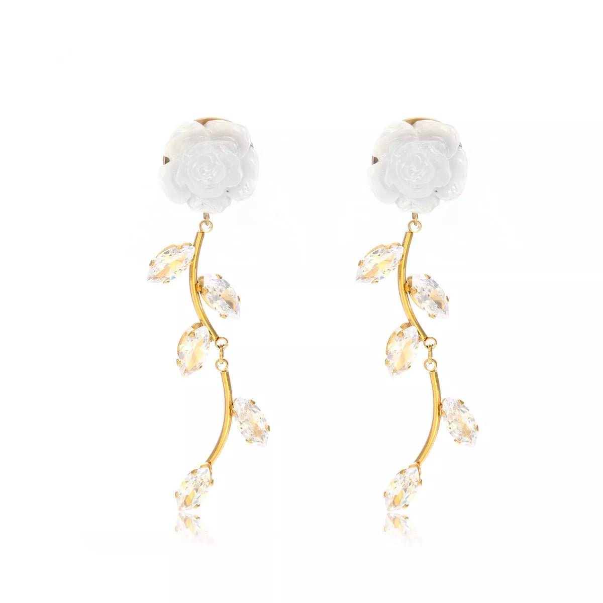 Gold Flower Drop Earrings with Rhinestones - 