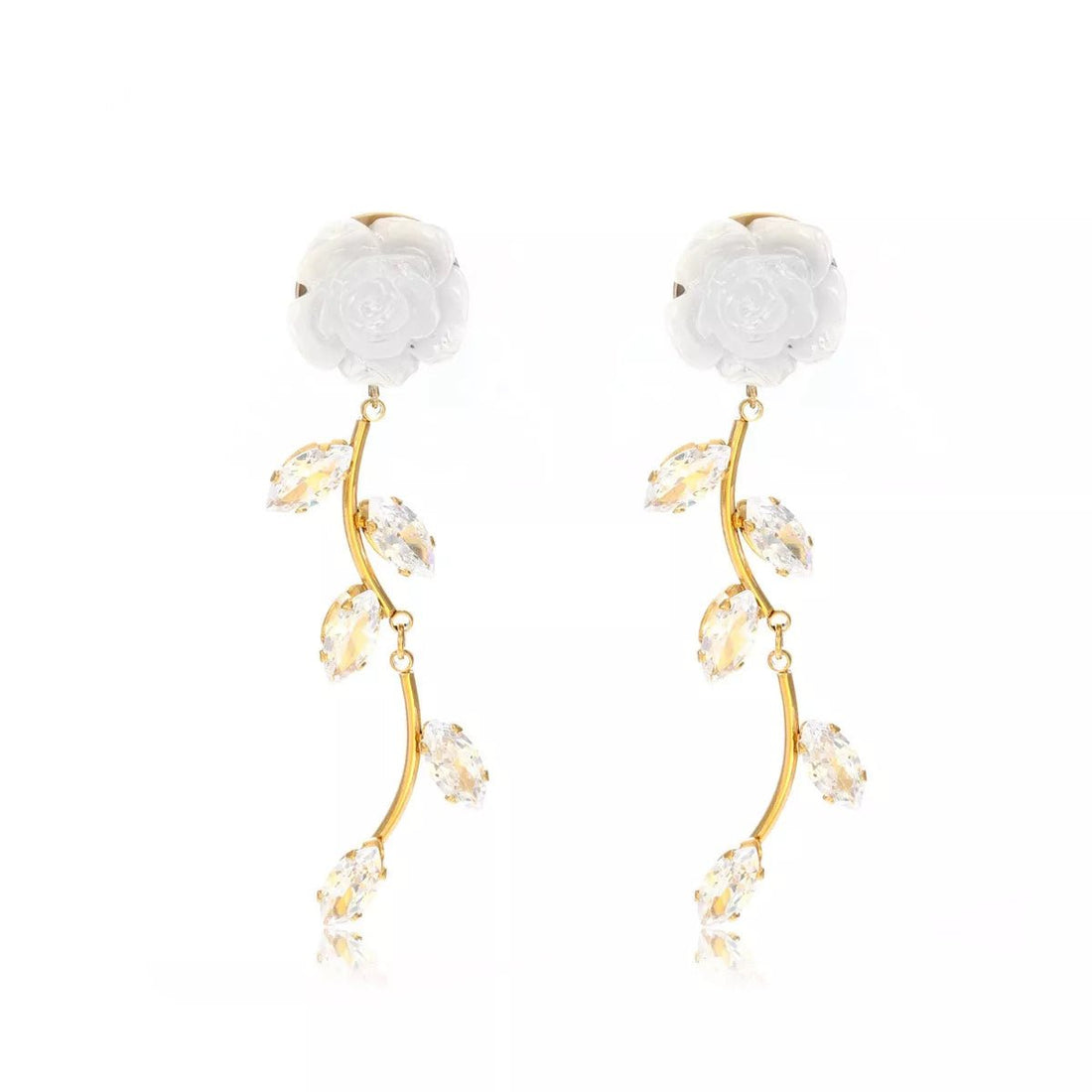 Gold Flower Drop Earrings with Rhinestones - 