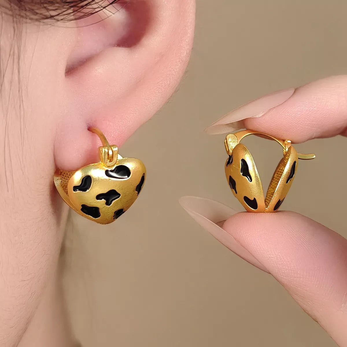 Gold Heart Leopard Print Statement Earrings - 