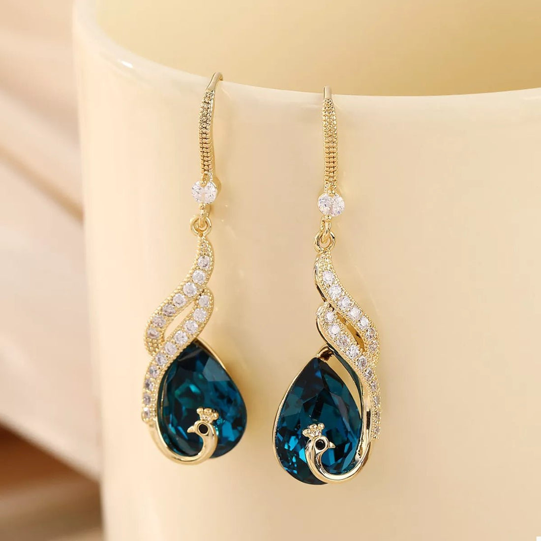 Gold Peacock Teardrop Earrings - 