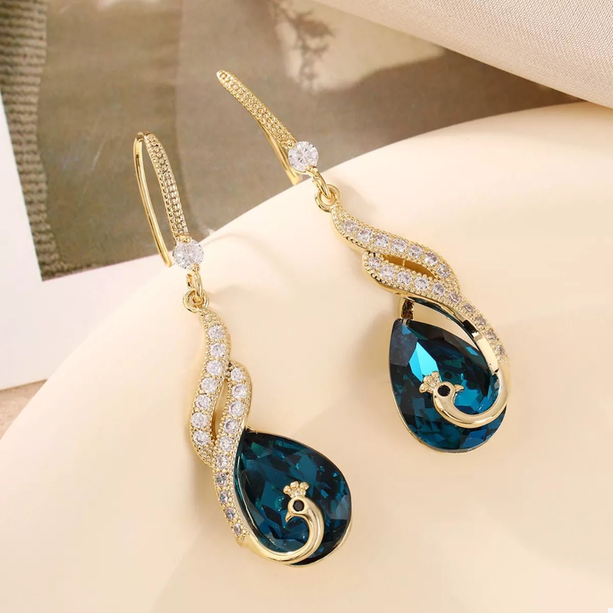Gold Peacock Teardrop Earrings - 