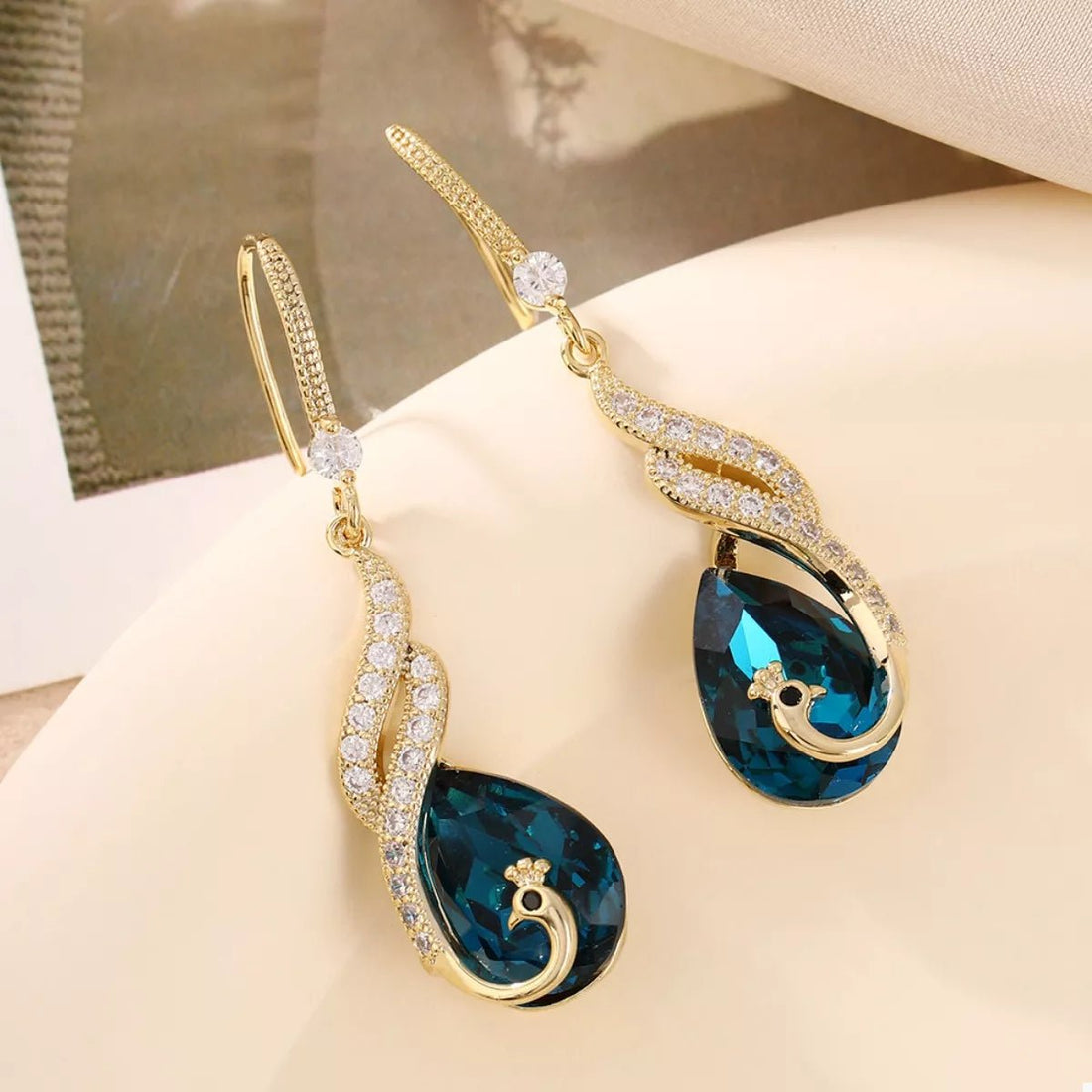 Gold Peacock Teardrop Earrings - 