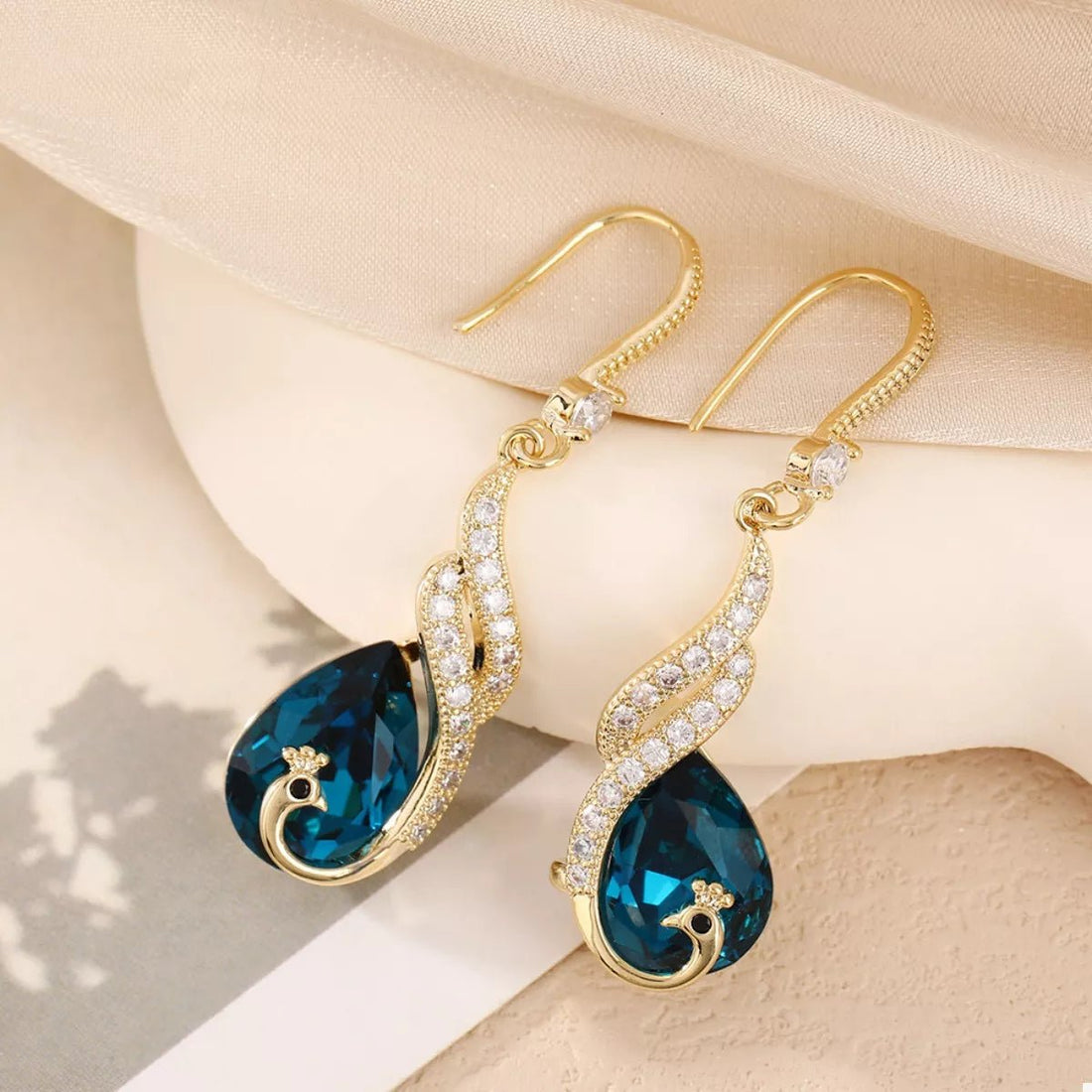 Gold Peacock Teardrop Earrings - 