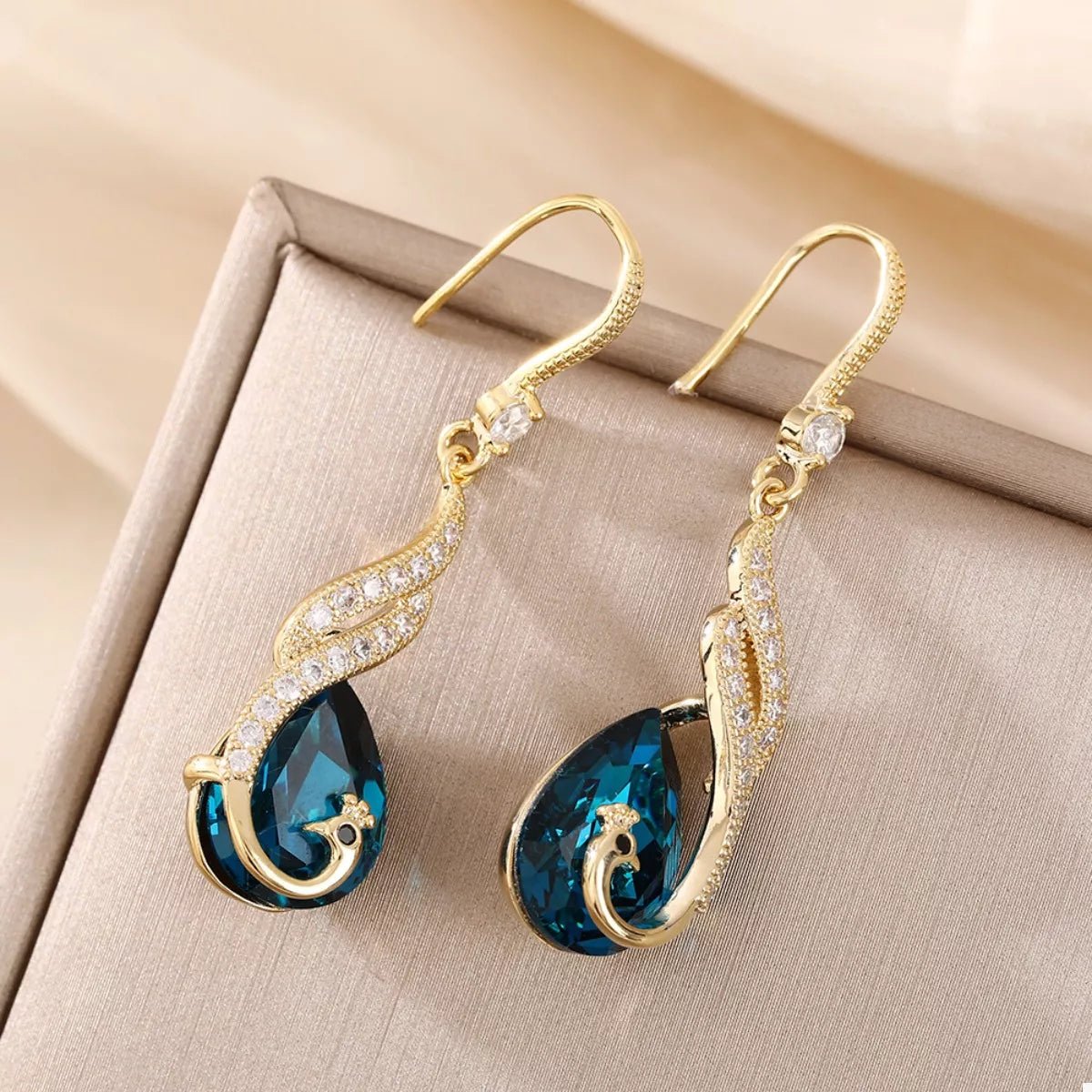 Gold Peacock Teardrop Earrings - 