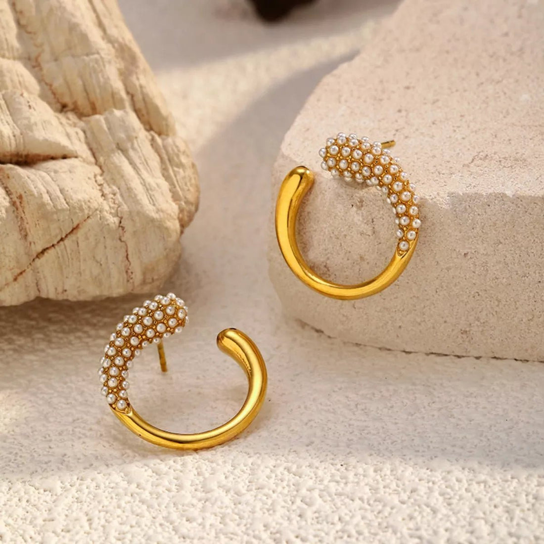 Gold Pearl Hoop Earrings - 